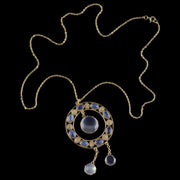 Antique Victorian Moonstone Pendant Necklace 18Ct Gold Silver Circa 1880