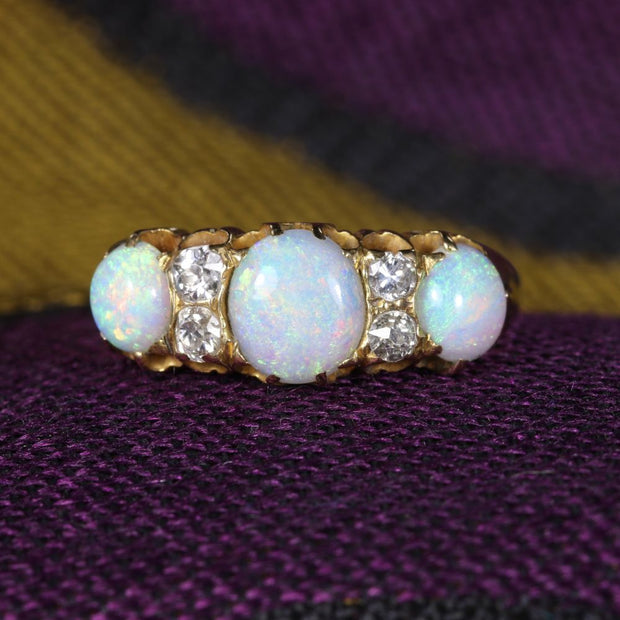 Antique Victorian Opal Diamond Ring 18Ct Gold Opal Trilogy