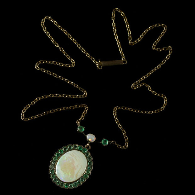 Antique Victorian Opal Emerald 9Ct Gold Necklace Circa 1900