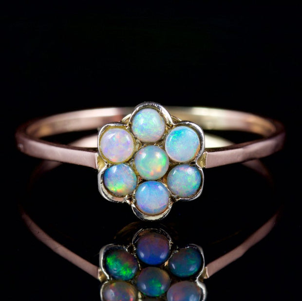 Antique Victorian Opal Flower Ring 9Ct Gold Circa 1900