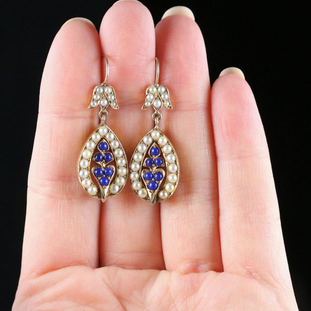 Antique Victorian Pearl Earrings Lapis Lazuli 15Ct Gold Circa 1880