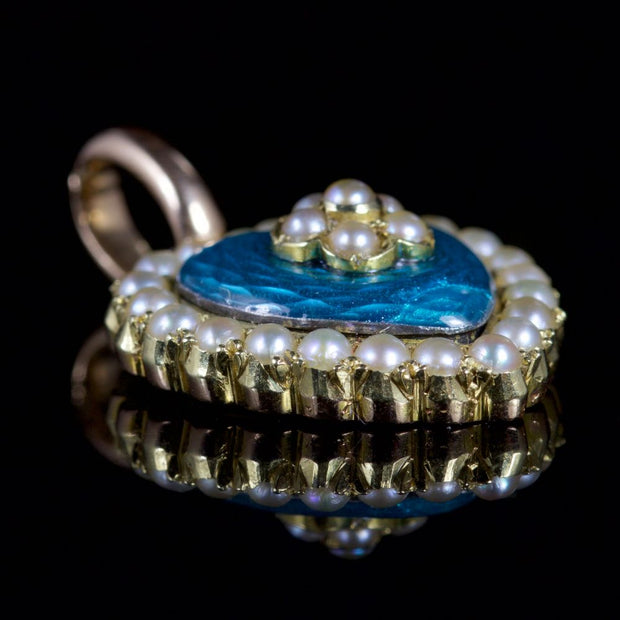 Antique Victorian Pearl Enamel Heart Locket Pendant 15Ct Circa 1890
