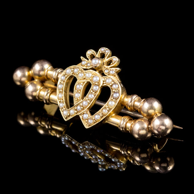 Antique Victorian Pearl Entwined Heart Brooch 18Ct Gold Circa 1900