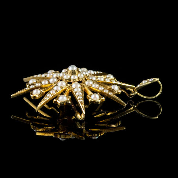 Antique Victorian Pearl Star Pendant Brooch 15Ct Gold Circa 1900