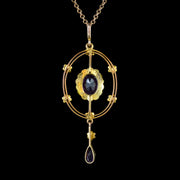 Antique Victorian Pendant Necklace Amethyst Pearl 9Ct Gold Circa 1880