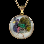Antique Victorian Pendant Necklace Feathered Peacock 9Ct Gold Chain Circa 1880