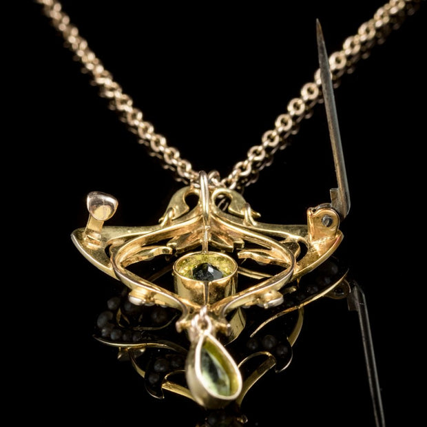 Antique Victorian Pendant Necklace Peridot Pearl 9Ct Gold Circa 1900