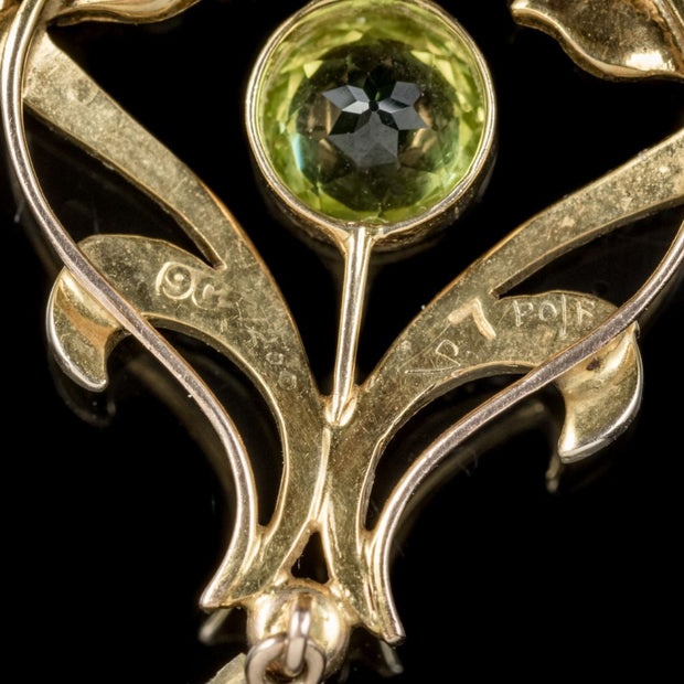 Antique Victorian Pendant Necklace Peridot Pearl 9Ct Gold Circa 1900