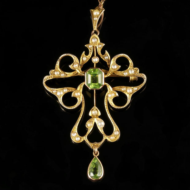 Antique Victorian Peridot 9Ct Gold Pearl Pendant Brooch Necklace Circa 1900