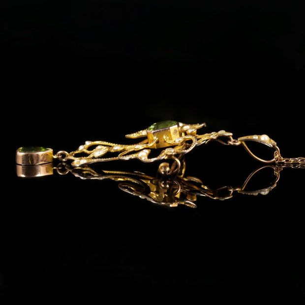Antique Victorian Peridot 9Ct Gold Pearl Pendant Brooch Necklace Circa 1900