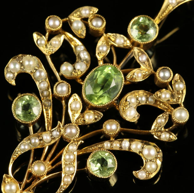 Antique Victorian Peridot Pearl Pendant Circa 1880 15Ct Gold