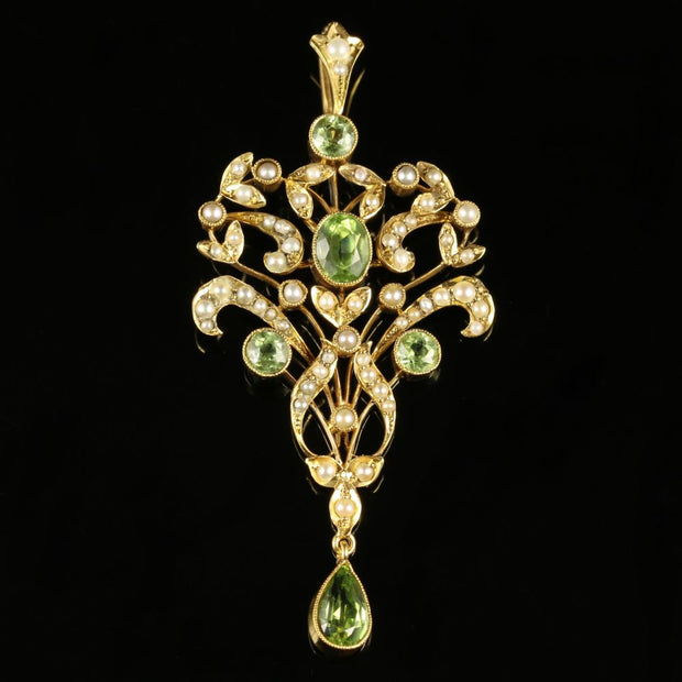 Antique Victorian Peridot Pearl Pendant Circa 1880 15Ct Gold