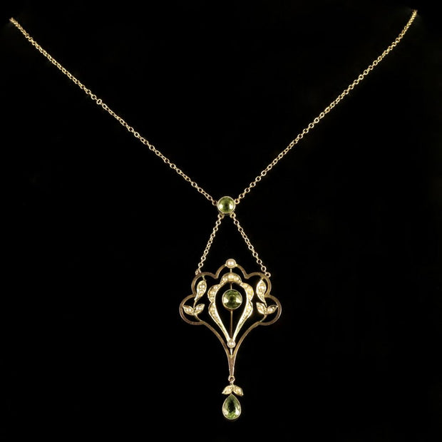 Antique Victorian Peridot Pearl Pendant Necklace Circa 1900