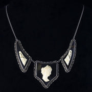 Antique Victorian Pique And Ivory Cameo Necklace Silver