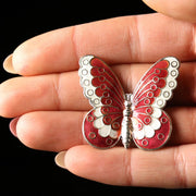Antique Victorian Red White Enamel Butterfly Brooch Circa 1900