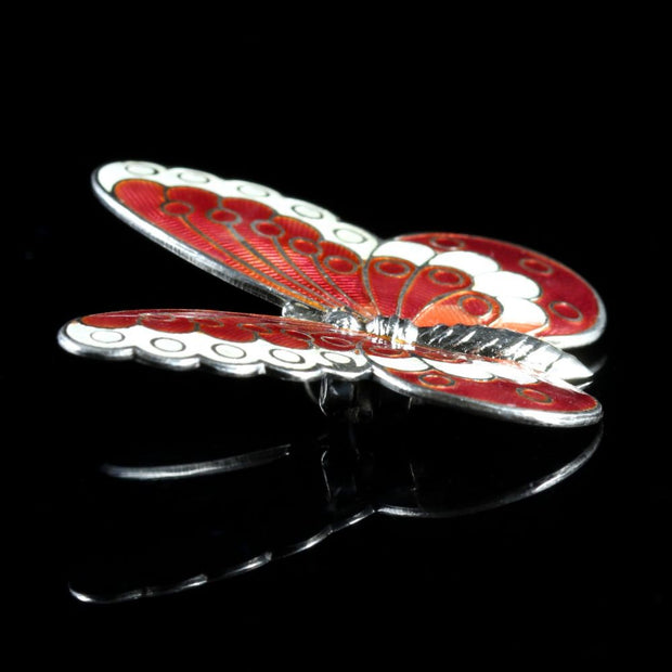 Antique Victorian Red White Enamel Butterfly Brooch Circa 1900