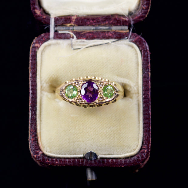 Antique Victorian Ring Suffragette Amethyst Peridot Diamond 18Ct Dated 1912