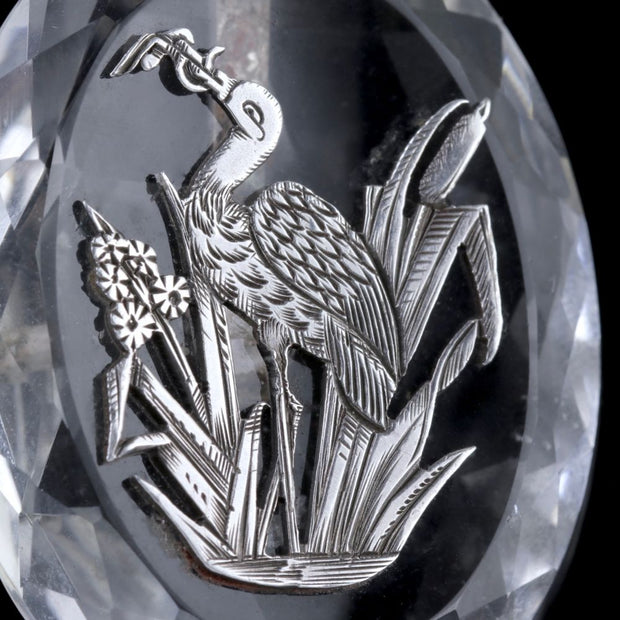 Antique Victorian Rock Crystal Stork Pendant Silver Chain Circa 1900