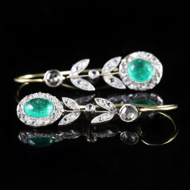 Antique Victorian 18Ct Rose Cut Diamond Cabochon Emerald Dangle Earrings Circa 1900