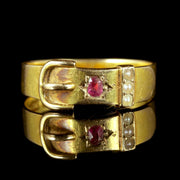 Antique Victorian Ruby Pearl Buckle Ring 15Ct Dated 1881
