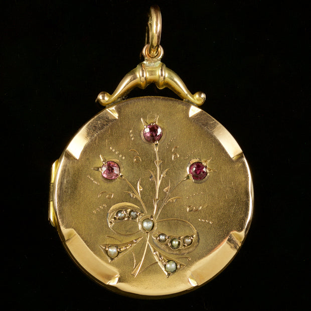Antique Victorian Ruby Pearl Amethyst Locket 9Ct Circa 1900