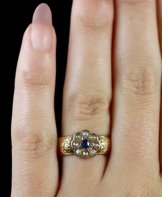 Antique Victorian Sapphire Pearl Wedding Band Ring 18Ct Circa 1900