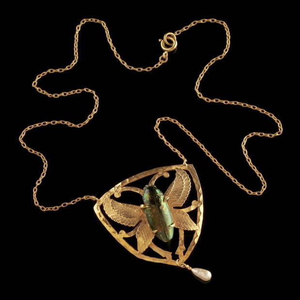 Antique Victorian Scarab Beetle Necklace 18Ct Gold Silver Circa 1900