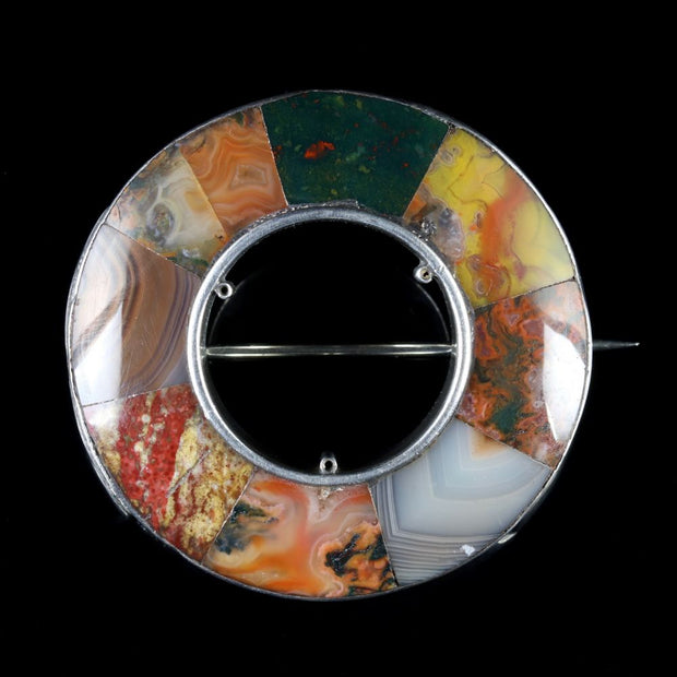 Antique Victorian Scottish Agate Brooch Silver Circa 1860