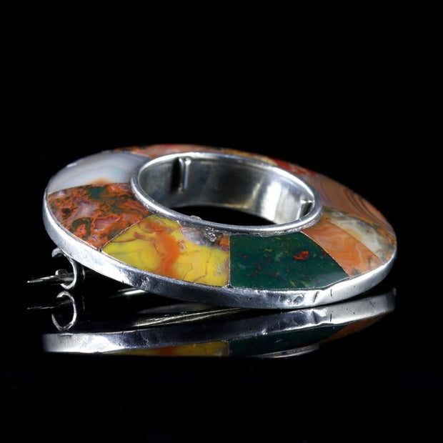 Antique Victorian Scottish Agate Brooch Silver Circa 1860