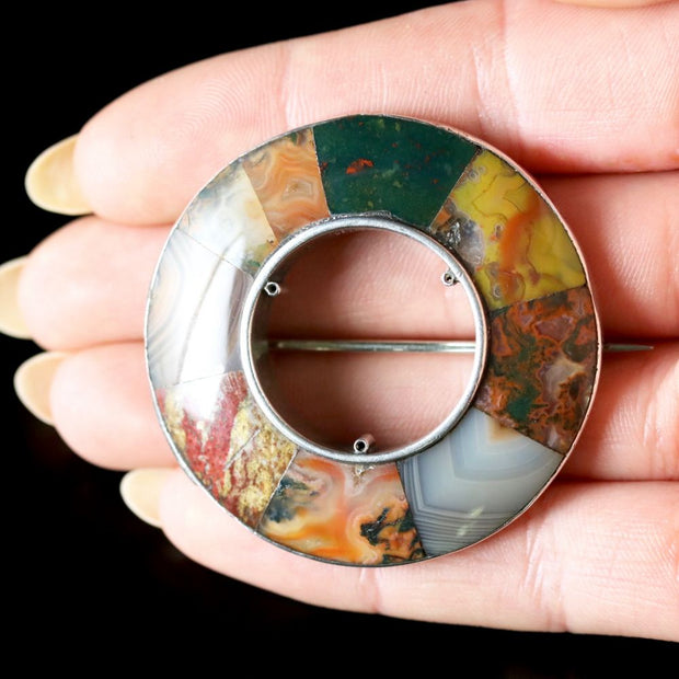 Antique Victorian Scottish Agate Brooch Silver Circa 1860
