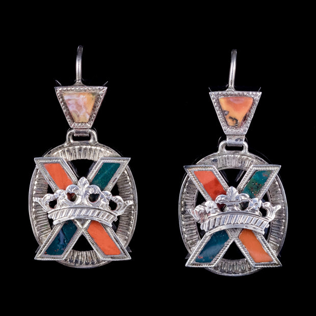 Antique Victorian Scottish Agate Saltire Cross Earrings Silver Circa 1860