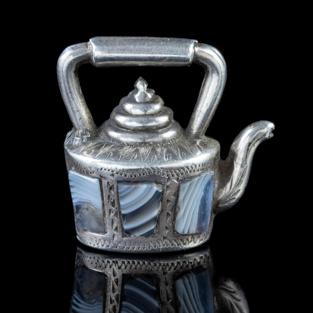 Antique Victorian Scottish Agate Silver Kettle Charm Pendant Circa 1880