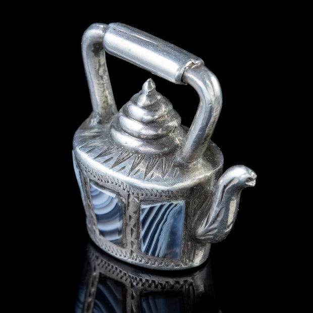 Antique Victorian Scottish Agate Silver Kettle Charm Pendant Circa 1880