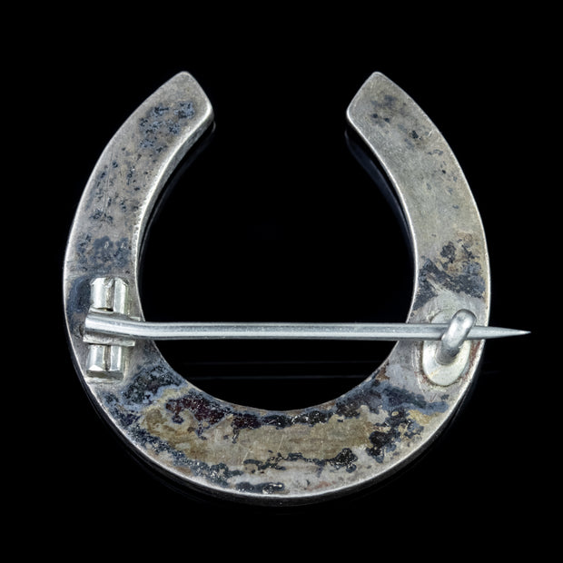 Antique Victorian Scottish Malachite Horseshoe Brooch Silver Circa 1860