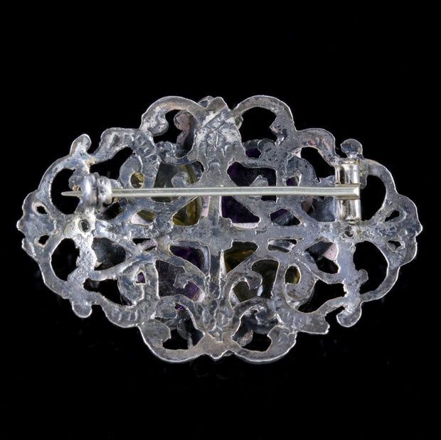 Antique Victorian Silver Amethyst Citrine Heart Brooch Circa 1900
