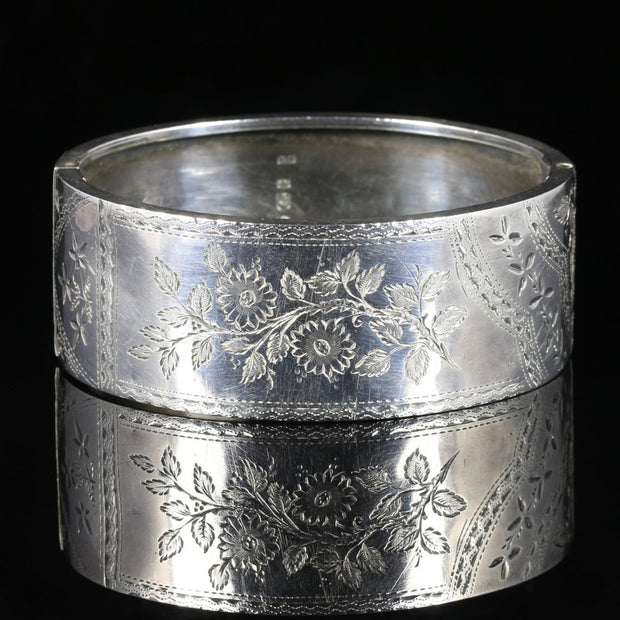 Antique Victorian Silver Bangle Forget Me Nots Dated 1893