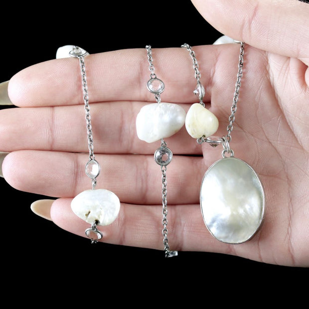 Vintage Blister Pearl Pendant Chain Necklace Silver