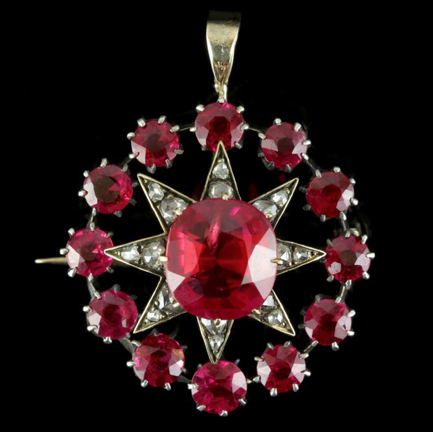 Antique Victorian Star Pendant Brooch Ruby Diamond Gold Circa 1900