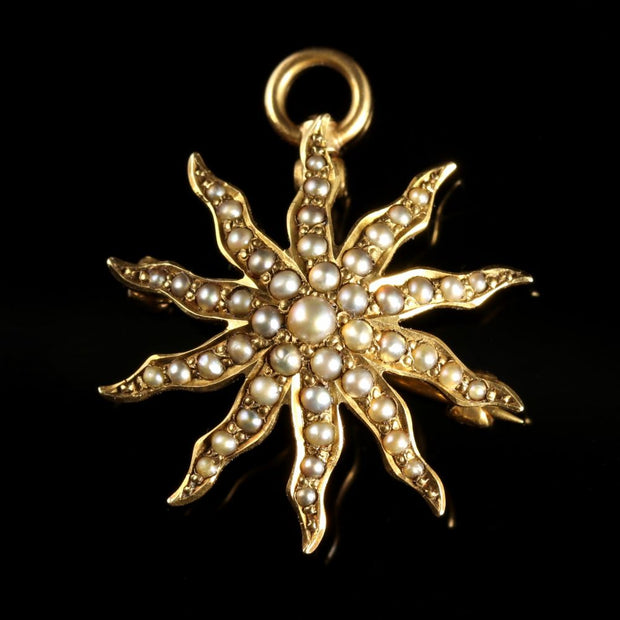Antique Victorian Pearl Star Brooch Pendant 14Ct Gold Circa 1880