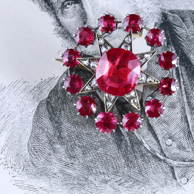 Antique Victorian Star Pendant Brooch Ruby Diamond Gold Circa 1900