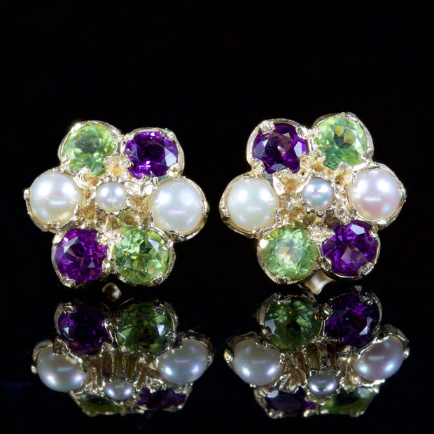 Antique Victorian Suffragette Cluster Earrings 9Ct Gold Circa 1900