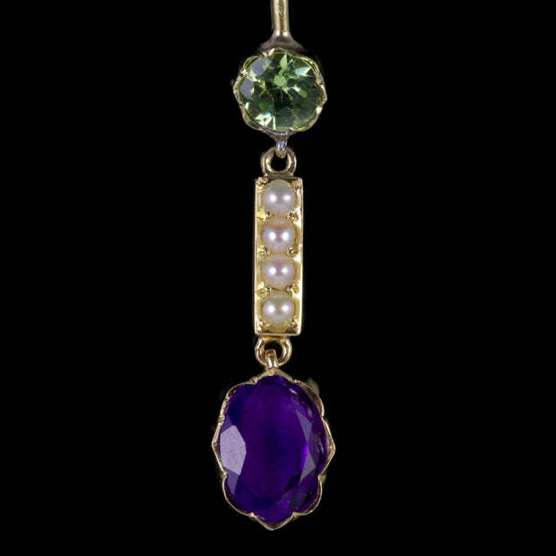 Antique Victorian Suffragette Earrings 15Ct Gold Amethyst Peridot Pearls