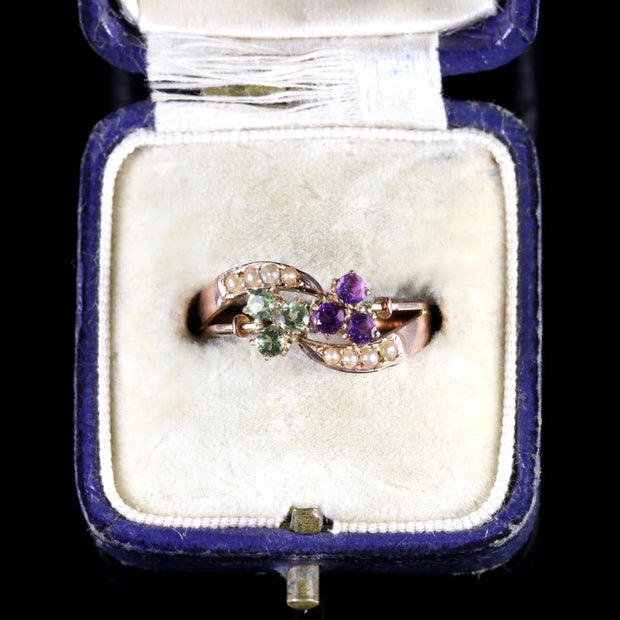 Antique Edwardian Suffragette Fancy 9Ct Gold Ring Amethyst Peridot Pearl Circa 1910
