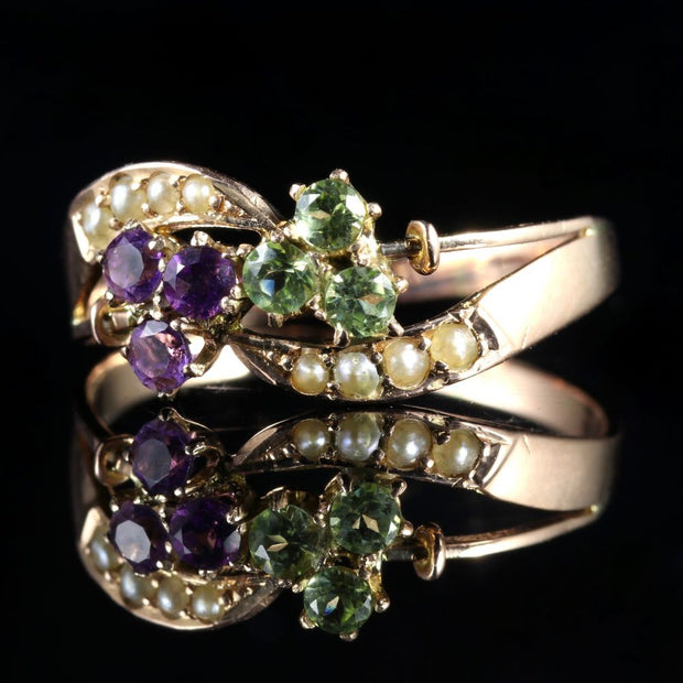 Antique Edwardian Suffragette Fancy 9Ct Gold Ring Amethyst Peridot Pearl Circa 1910