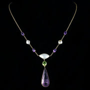Antique Victorian Suffragette Necklace 15Ct Gold Circa 1900 Amethyst Pearl Peridot