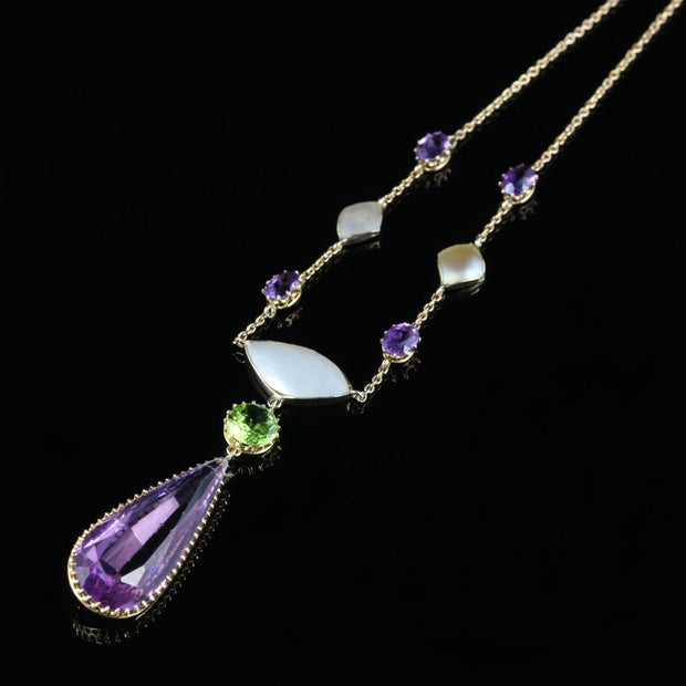 Antique Victorian Suffragette Necklace 15Ct Gold Circa 1900 Amethyst Pearl Peridot