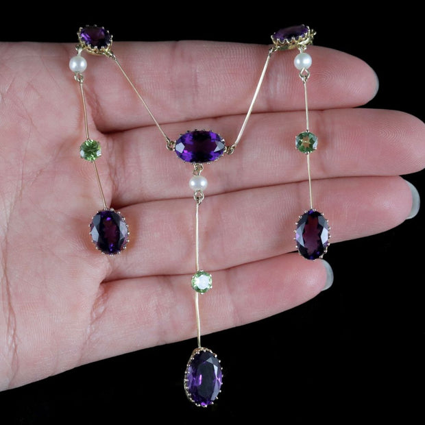 Antique Edwardian Suffragette Necklace 18Ct Gold Amethyst Droppers Circa 1910