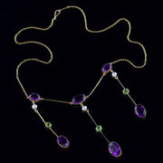 Antique Edwardian Suffragette Necklace 18Ct Gold Amethyst Droppers Circa 1910