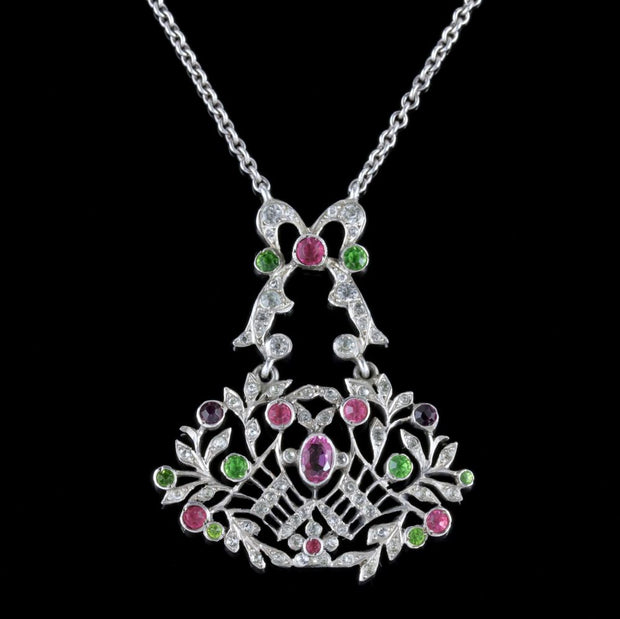 Antique Edwardian Suffragette Giardinetti Paste Lavaliere Necklace Silver