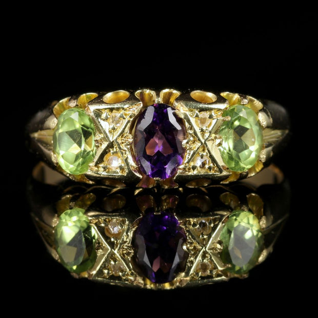 Antique Victorian Suffragette Ring Amethyst Peridot Diamond 18Ct Gold